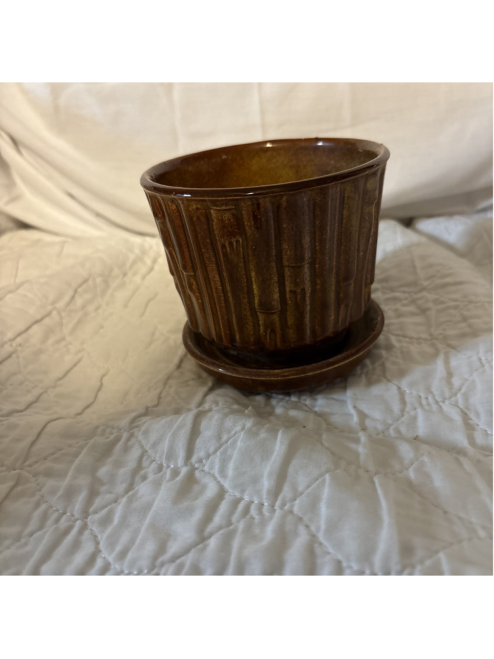 Vintage 1960’s Brown Drip McCoy Bamboo Flower Pot W/attached Saucer 0372